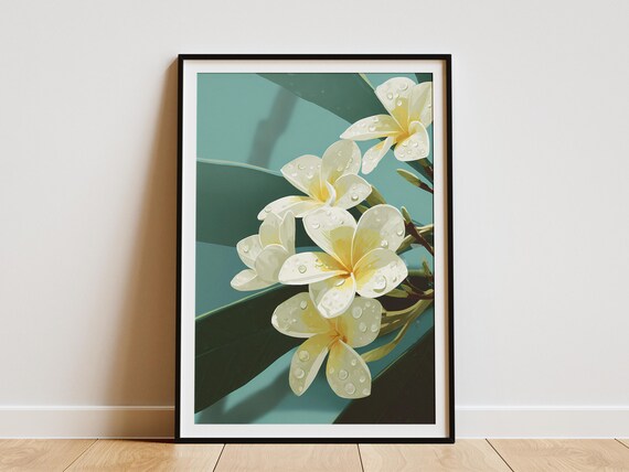 Plumeria Flower Poster Hawaiian Floral Print Tropical Island Wall Art Blossoms In Morning Dew Botanical Home