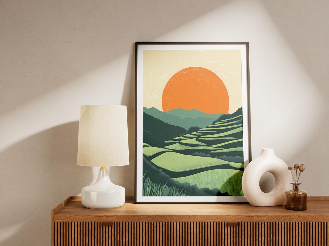 Sunset Over Green Terraced Rice Fields Giant Orange Sun Poster - Image 5
