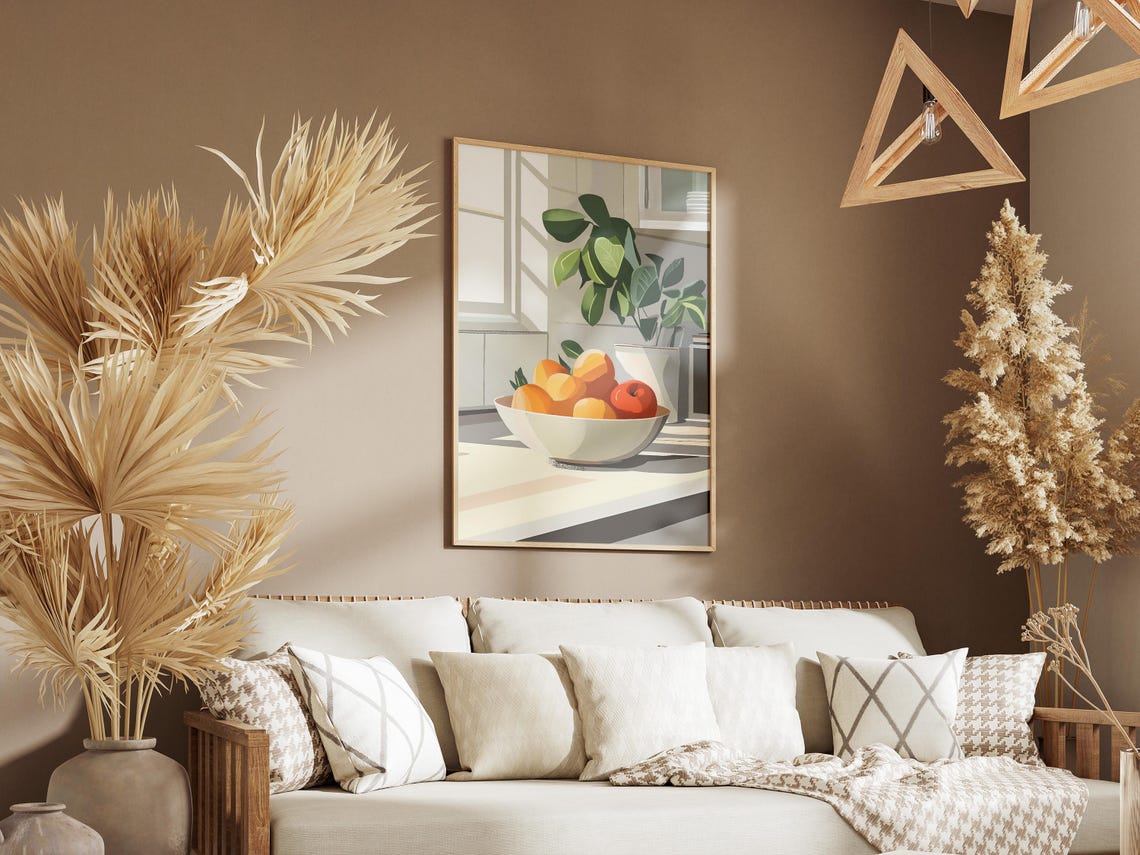 Sunlit Fruit Bowl Oranges Apples Kitchen Counter Still Life Poster - Image 3