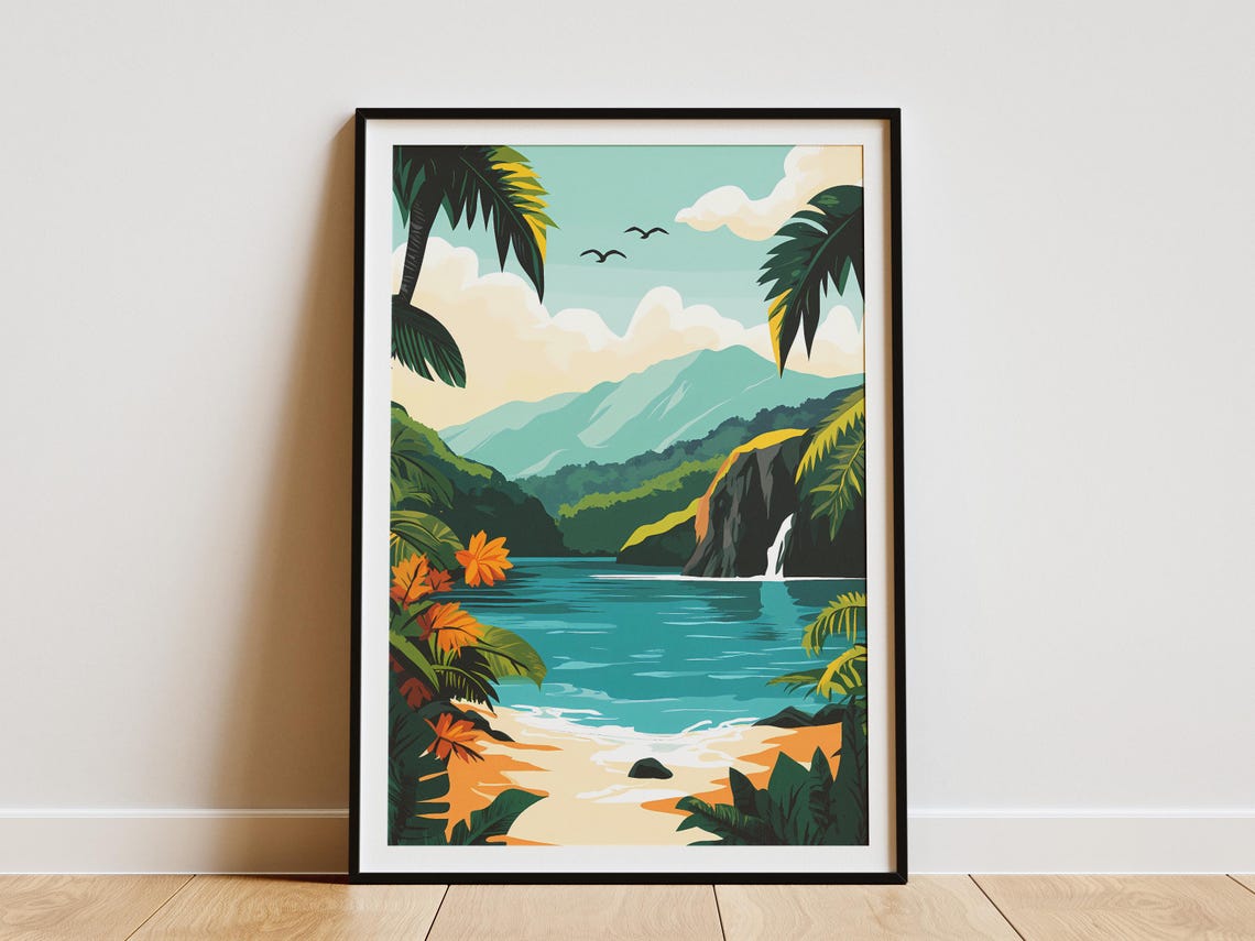 Costa Rica Tropical Beach Waterfall Palm Trees Lagoon Poster