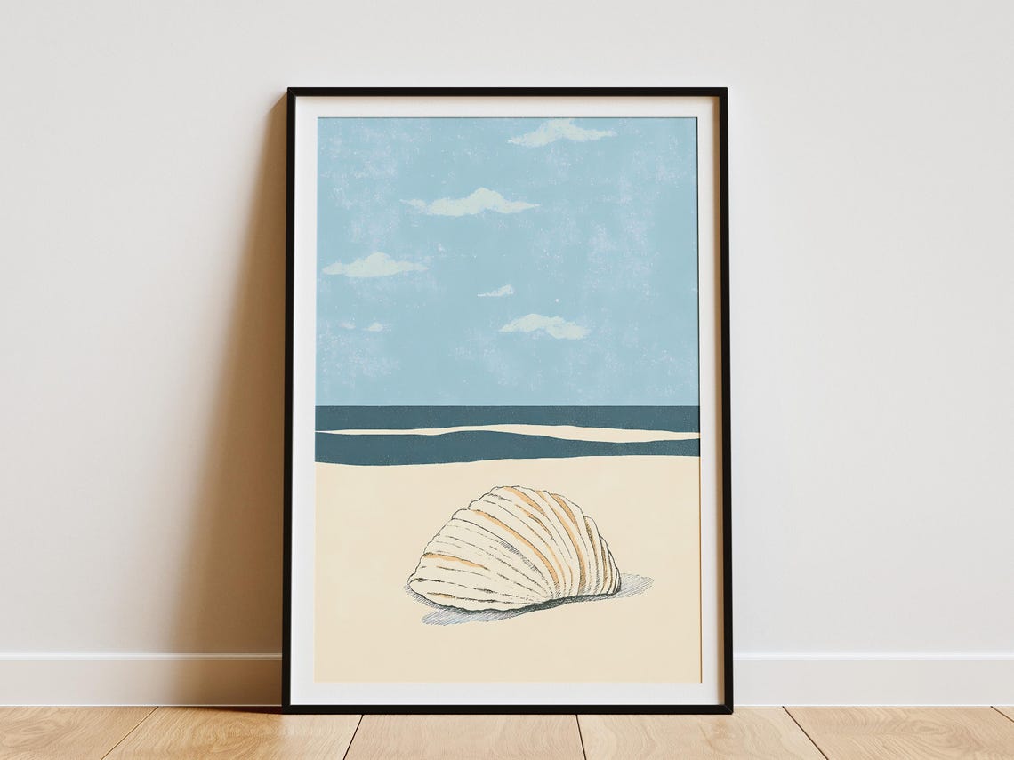 Seashell Beach Minimalist Print Ocean Coastal Wall Art Summer Vacation Home Decor Modern Boho Seashore Illustration Calm Beach Poster Simple