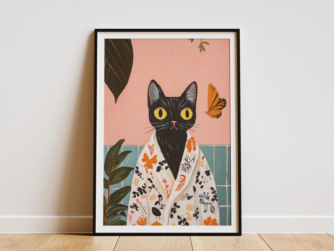 Black Cat in Floral Bathrobe with Butterfly Botanical Wall Poster