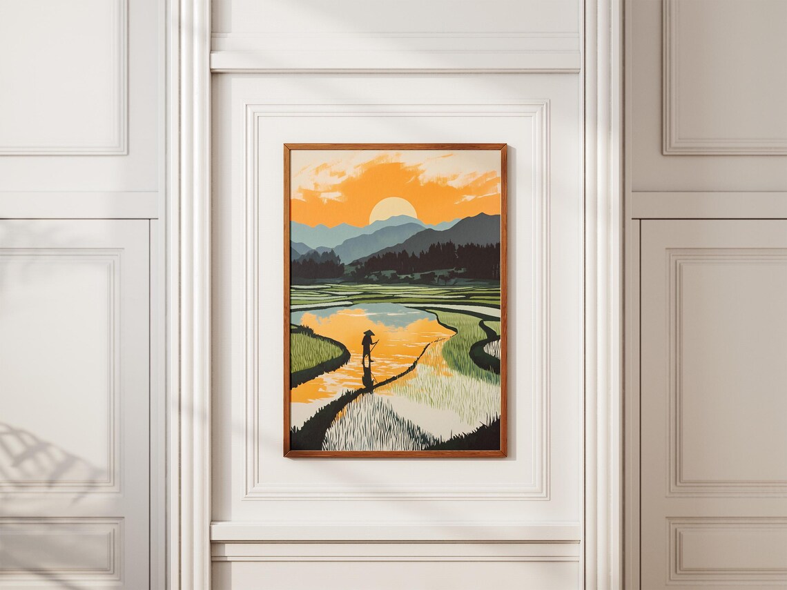 Farmer Silhouette Flooded Rice Paddy Sunset Orange Sky Poster - Image 2