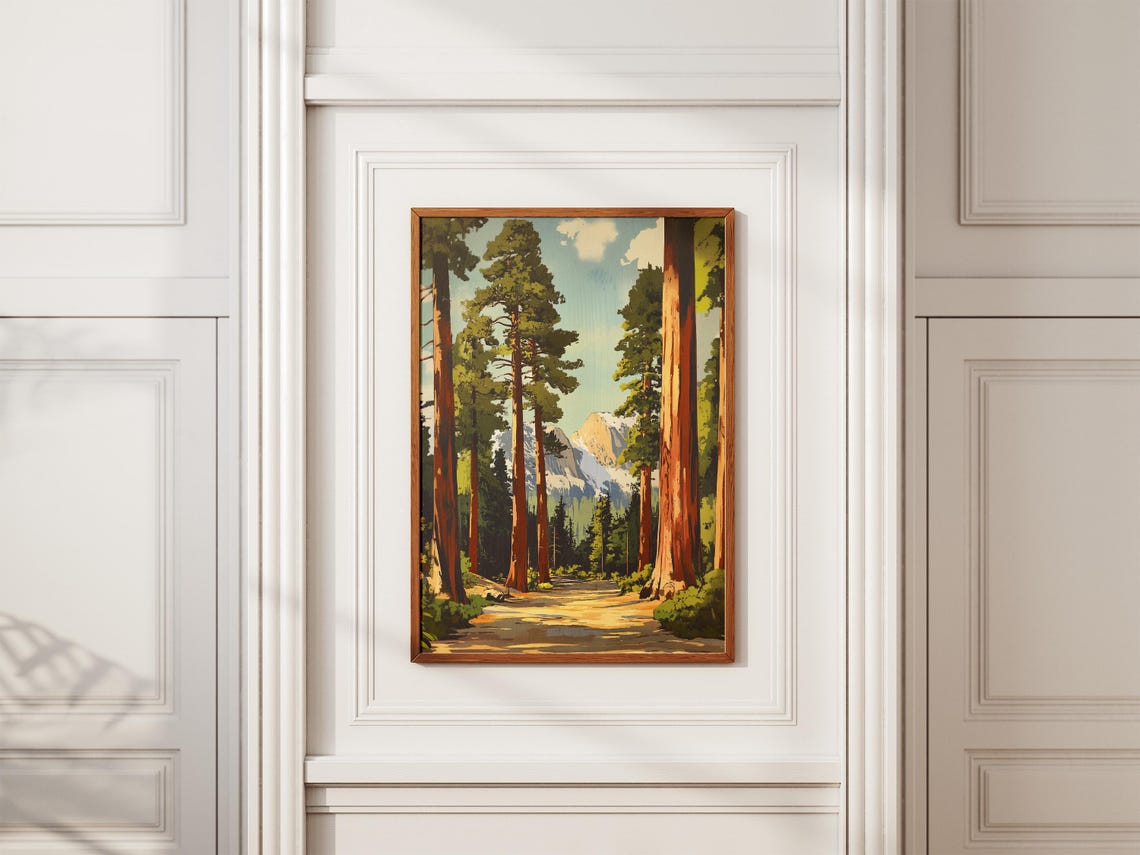 Sequoia Forest Path With Snowy Mountains Beyond Scenic Poster - Image 2