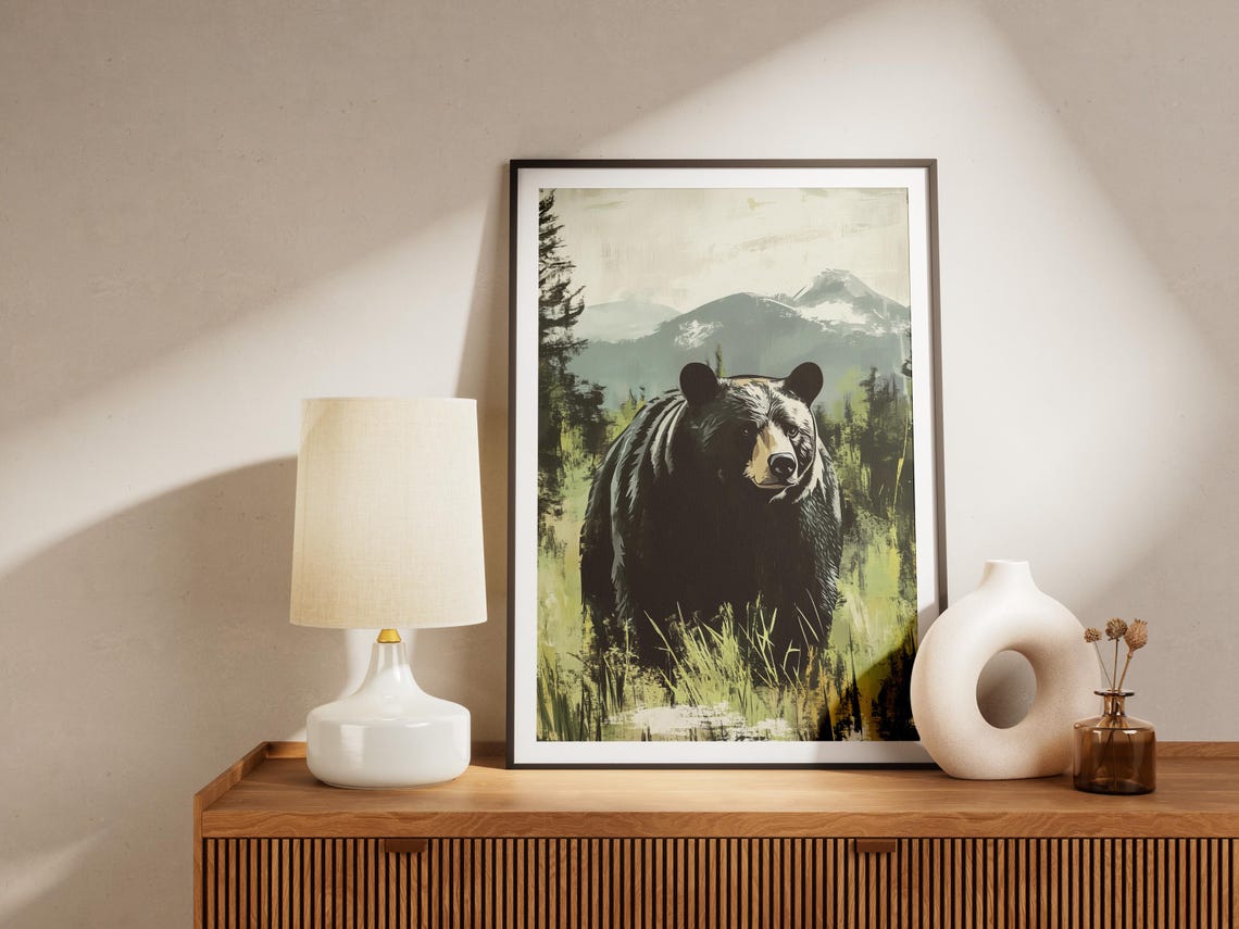 Black Bear in a Forest Clearing Mountain Landscape Art Poster - Image 4
