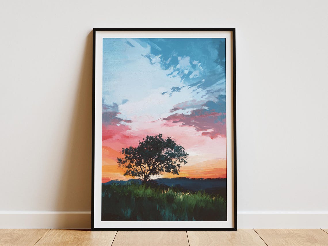 Lone Tree Silhouette Against A Pink Sunset Sky Minimal Poster