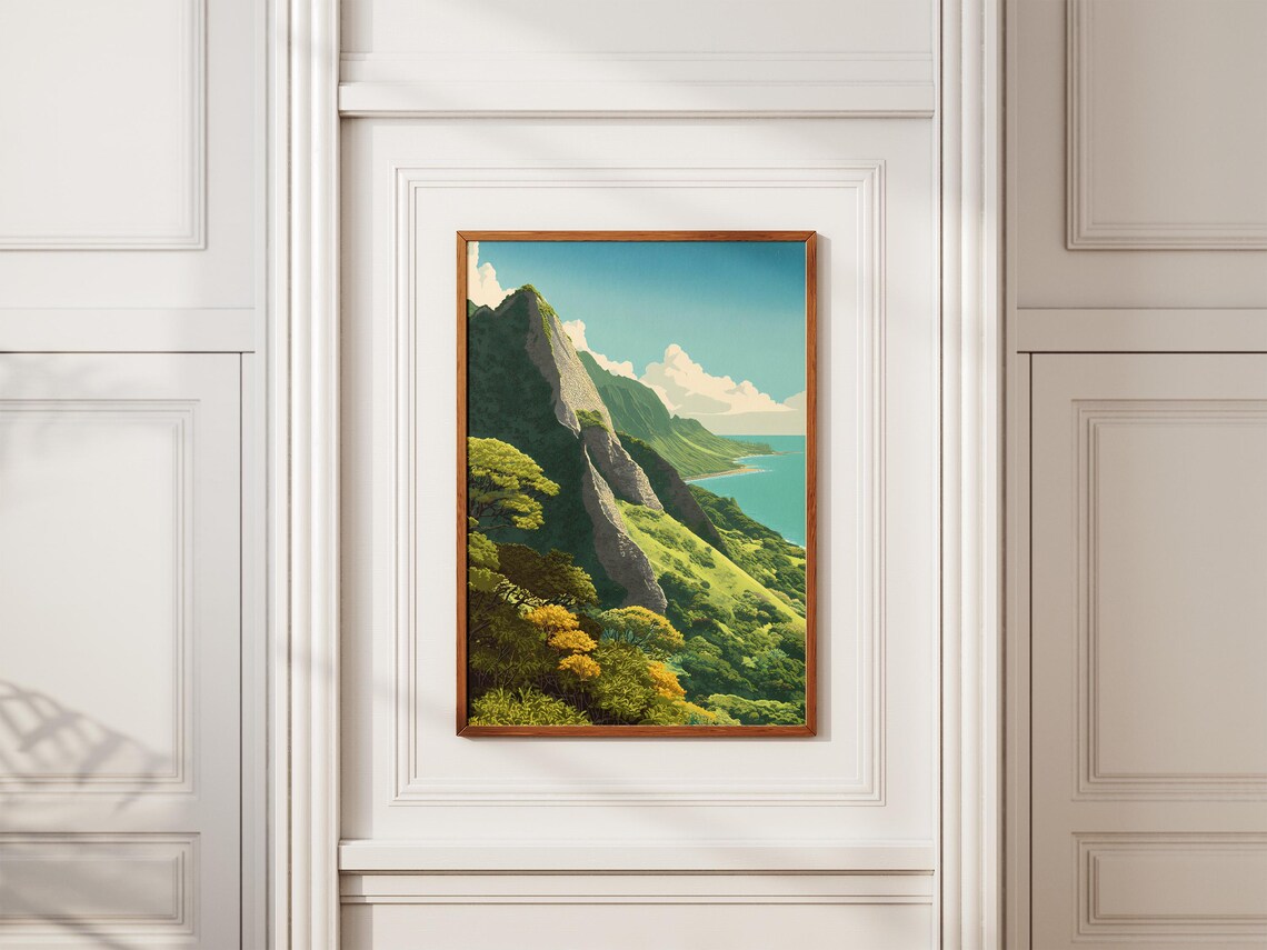 Pali Lookout Hawaii Green Cliff Coastline Vintage Travel Art Poster - Image 2