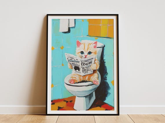 Ragdoll Kitten On Toilet Newspaper Poster Print Funny Cat Art Bathroom Decor Cute Animal Wall Lover Gift Quirky