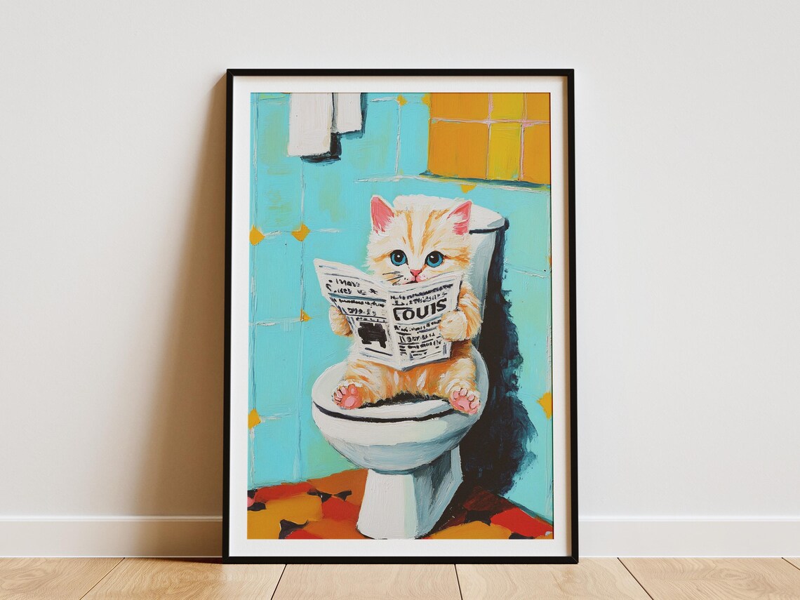 Kitten Reading Newspaper On Toilet Poster Funny Cat Bathroom Humor Art