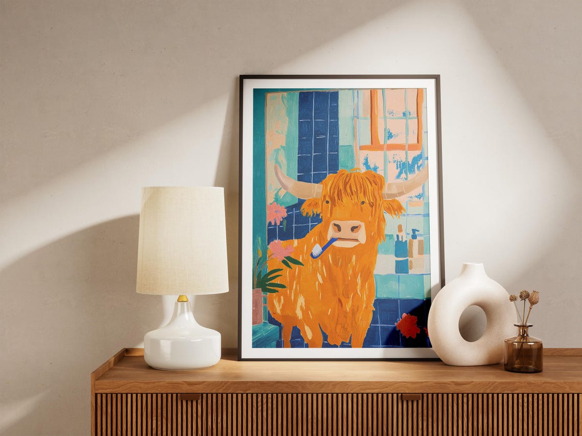 Fluffy Highland Cow Brushing Teeth Blue Tiled Bathroom Poster - Image 5