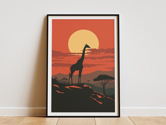 African Safari Sunset Giraffe Silhouette with Orange Sun Poster