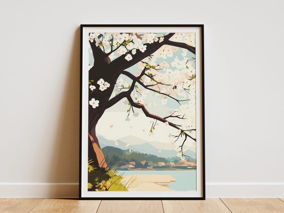 Cherry Blossom Tree Paper Poster Japanese Blossoms Pink White Flowers Art Print Floral Botanical Wall Decor Spring Nature