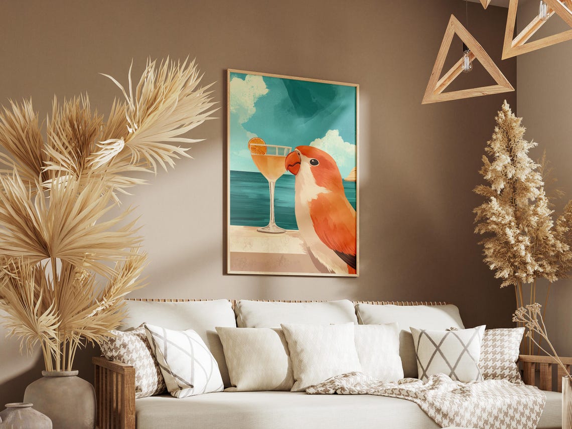 Cute Orange Parrot Sipping Cocktail By The Turquoise Sea Poster - Image 3