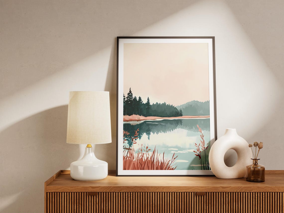 Dawn Lake With Pine Forest Mirror Reflection Landscape Poster - Image 5