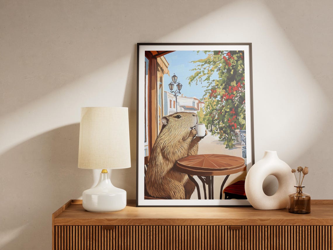 Capybara Drinking from a Mug at a Flower Lined Street Cafe Poster - Image 4