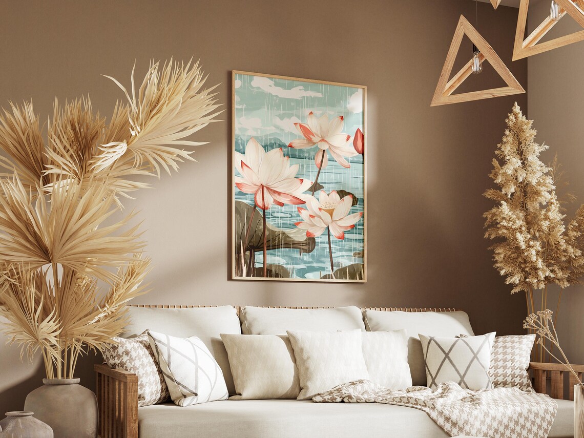 Lotus Flowers Summer Rain Pond Botanical Illustration Zen Poster - Image 3