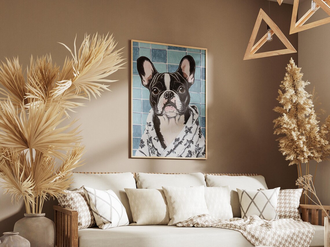 French Bulldog Puppy in Floral Robe Cute Bathroom Decor Poster - Image 3