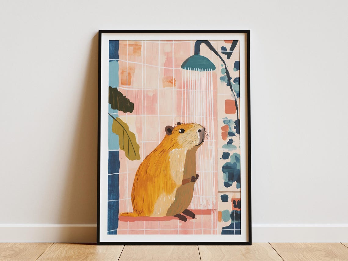 Blissful Capybara Enjoying a Warm Shower in a Tiled Bathroom Poster