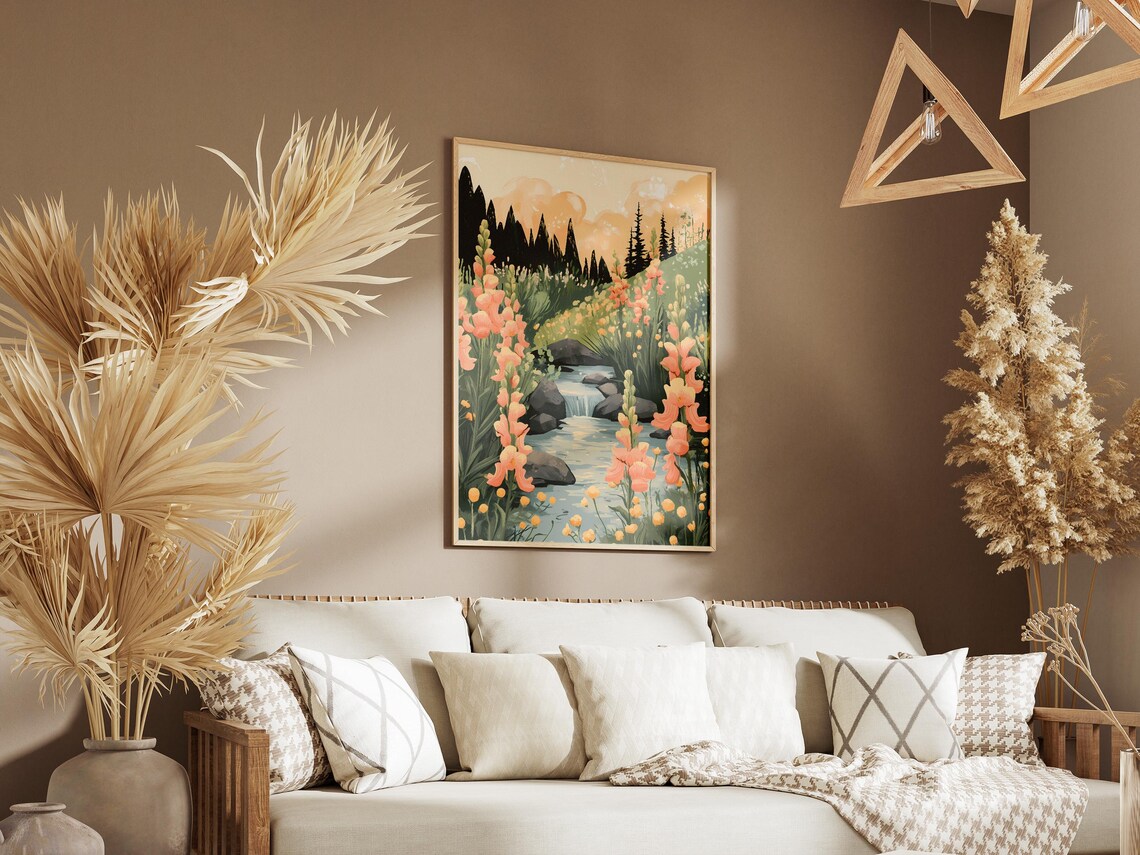 Peach Snapdragons Along a Rocky Stream Waterfall Nature Art Poster - Image 3