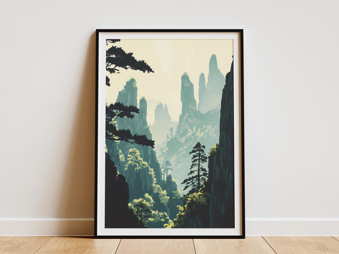 Wulingyuan China Misty Green Karst Mountains Travel Scene Poster