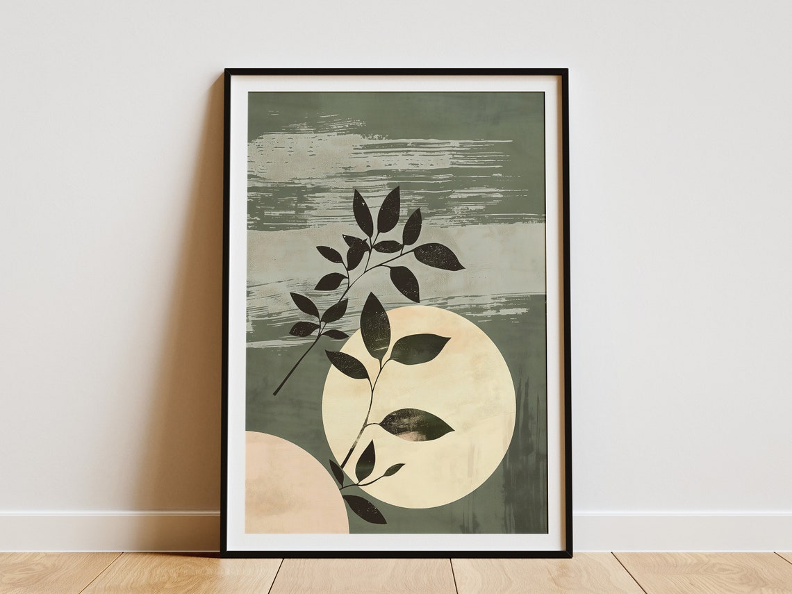 Dark Botanical Leaves and Cream Moon Shapes Sage Abstract Print