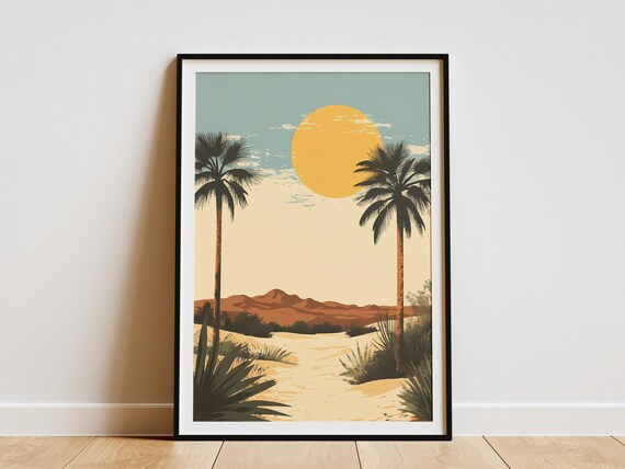 Desert Oasis Poster Tall Palm Trees Golden Sun Wall Decor Gift