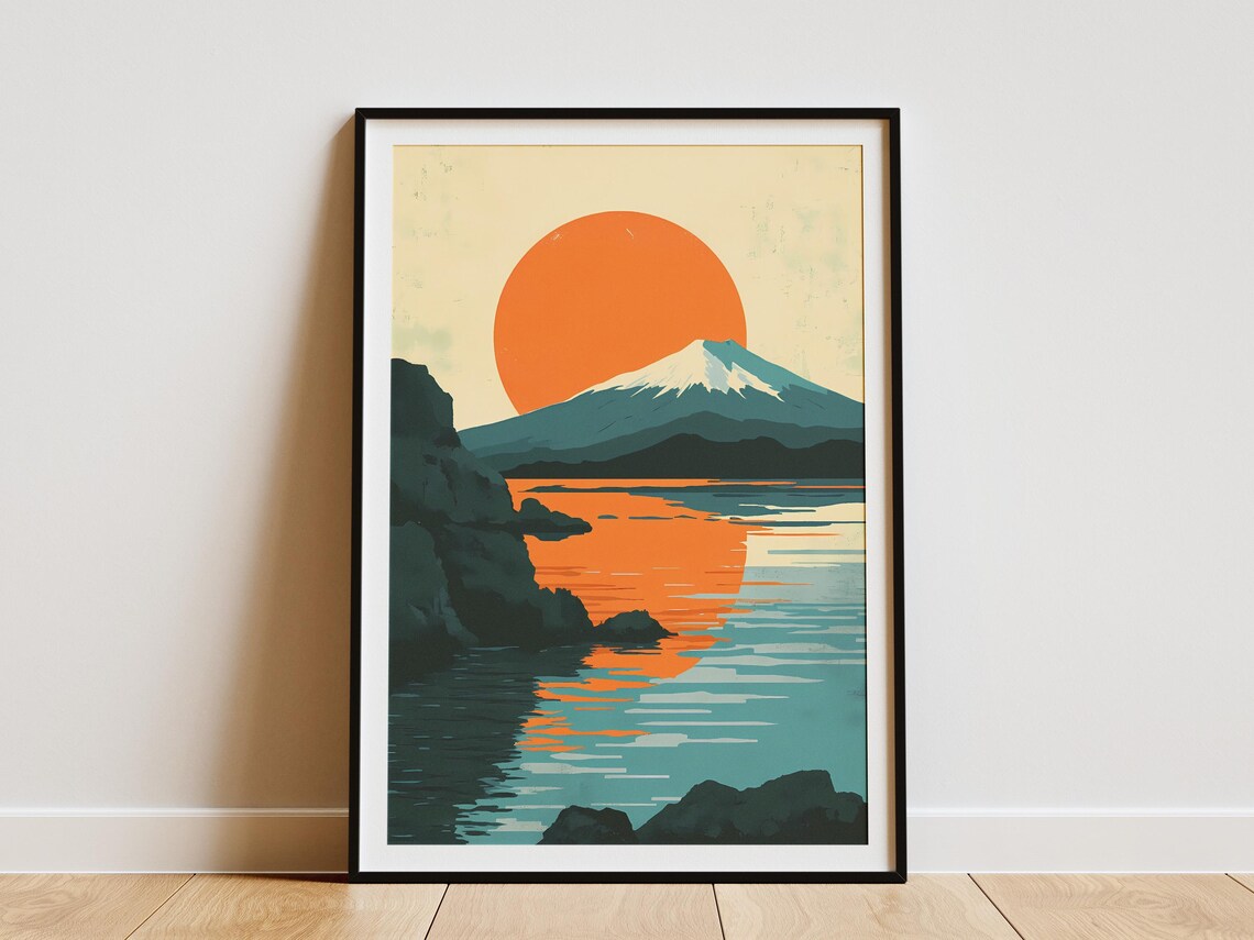 Giant Orange Sun Snowcapped Volcano Lake Sunset Nature Poster
