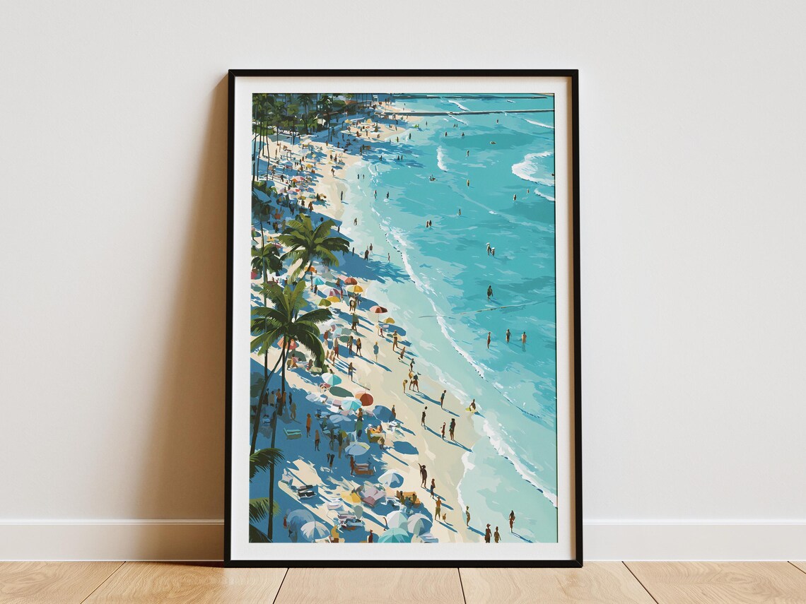 Crowded Tropical Beach Aerial View Vintage Travel Style Art Poster