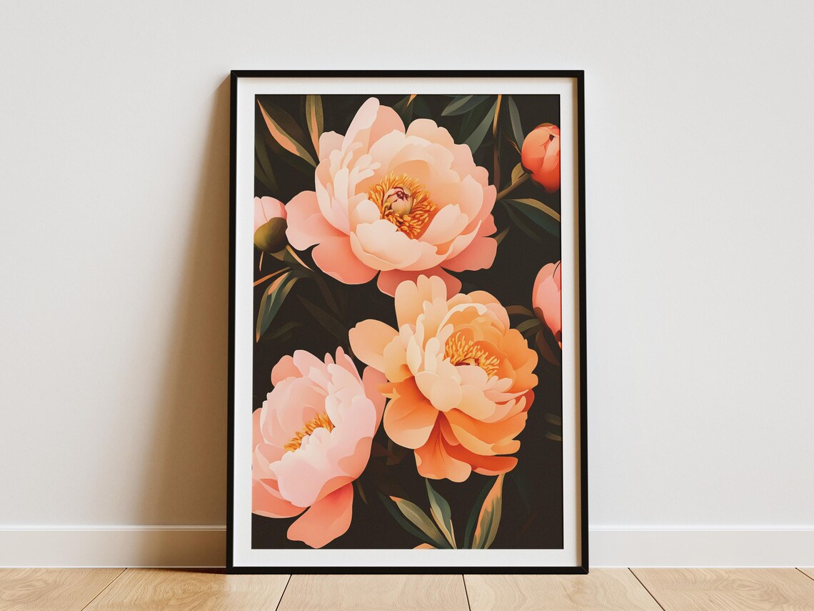 Peach Peony Blooms On Dark Background Bold Floral Art Poster