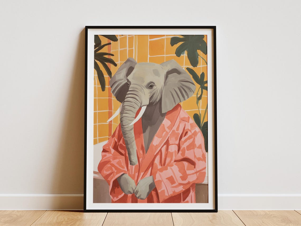 Elephant in Coral Bathrobe Yellow Tile Monstera Bathroom Poster