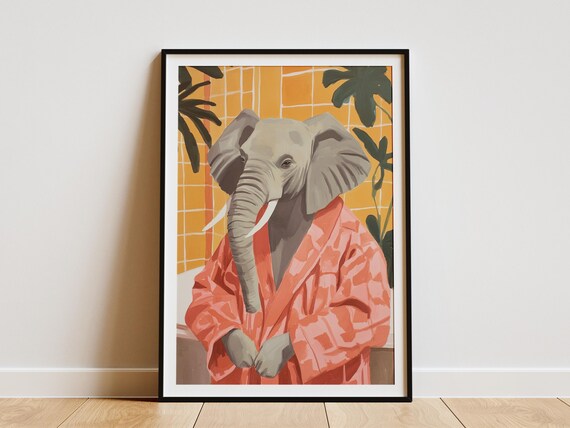 Elephant in Coral Bathrobe Yellow Tile Monstera Bathroom Poster