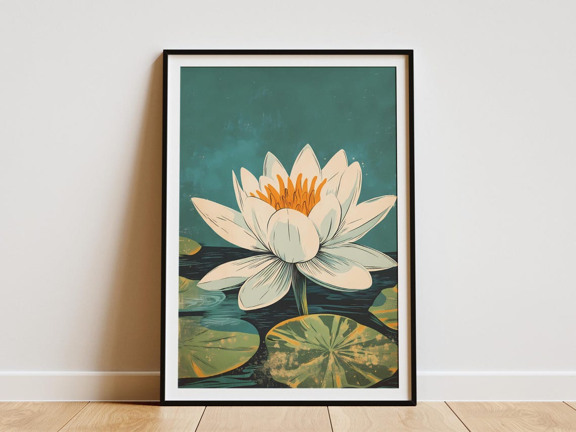 White Water Lily Vintage Botanical Floral Illustration Art Print