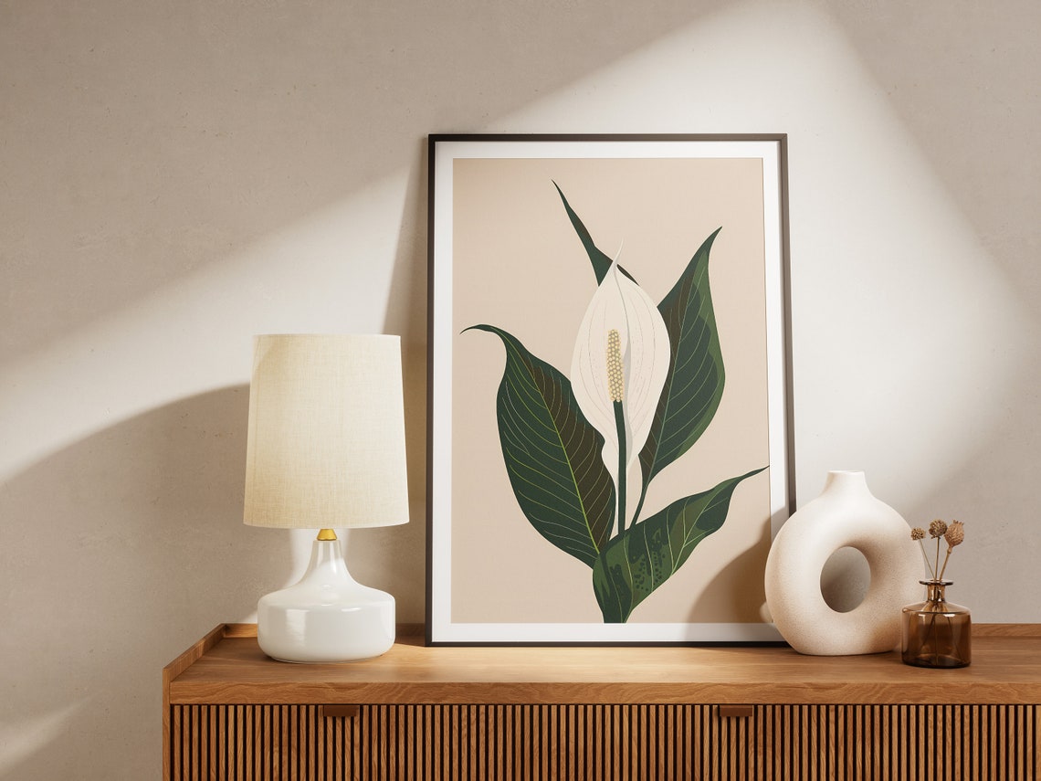 Minimalist Peace Lily Print Boho Plant Wall Art Botanical Poster Green And White Bedroom Decor Nursery Art - Image 2