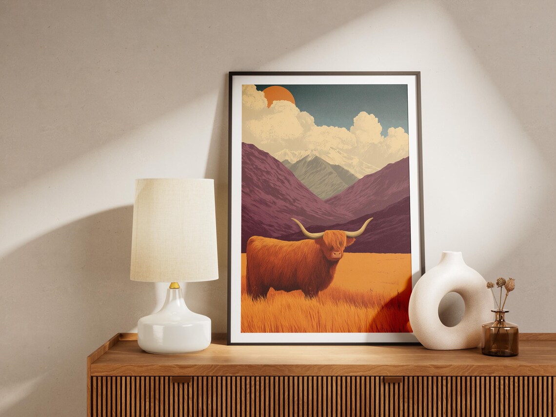 Highland Cow in Golden Field Purple Mountains Sunset Art Poster - Image 4