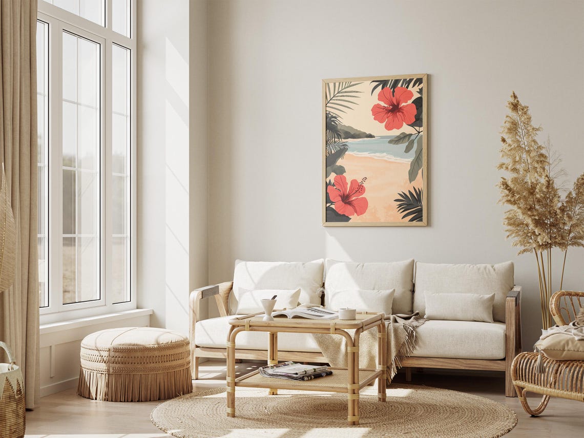 Tropical Beach Poster With Big Red Hibiscus Flowers and Ocean View - Image 4
