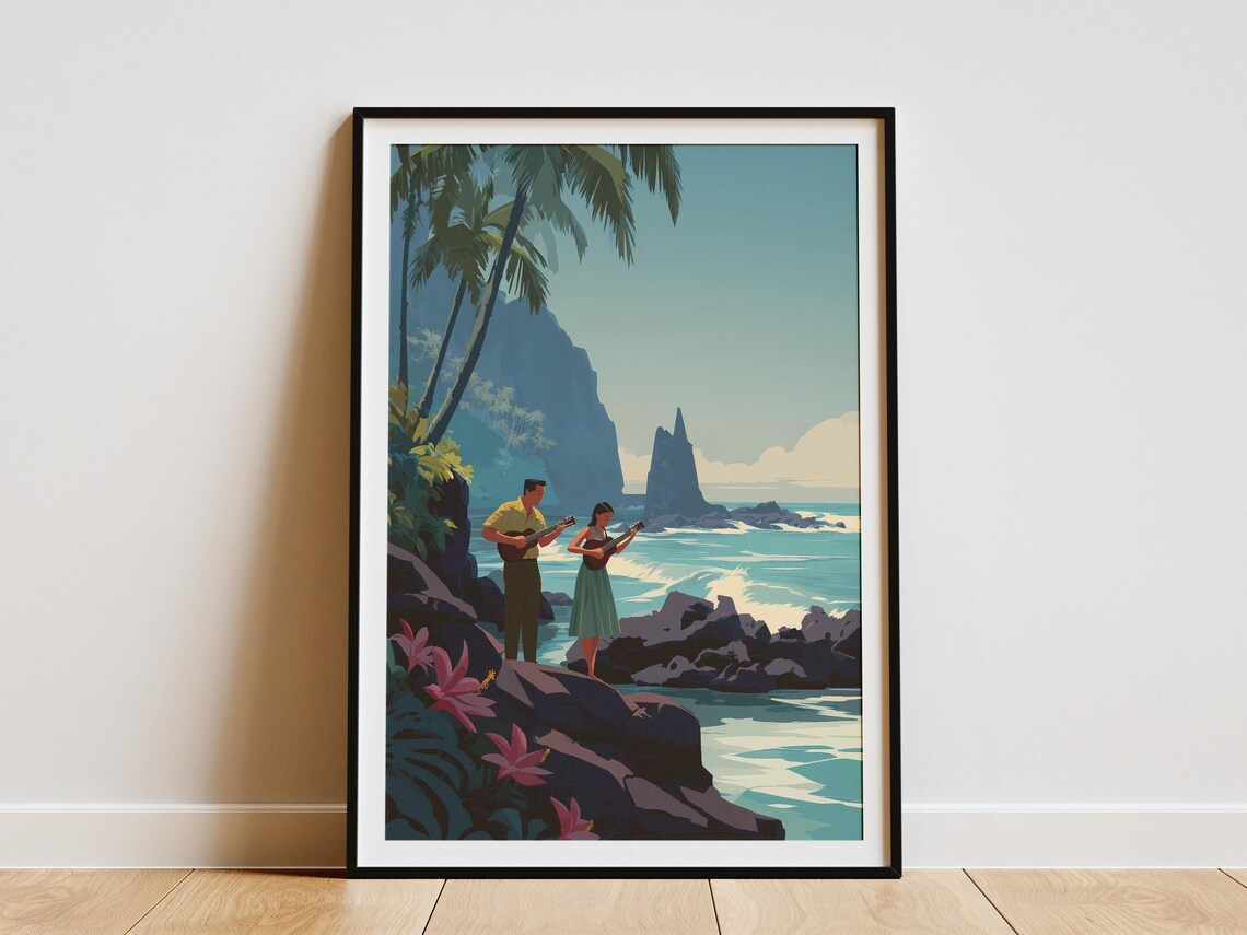 Hawaiian Ukulele Duo Vintage Travel Style Coastal Art Poster