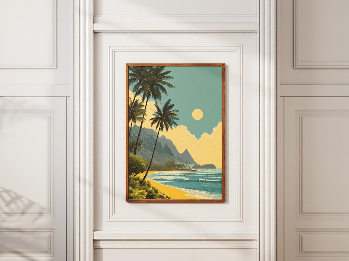 Retro Hawaiian Beach Travel Poster Palm Trees Sun And Mountains - Image 2