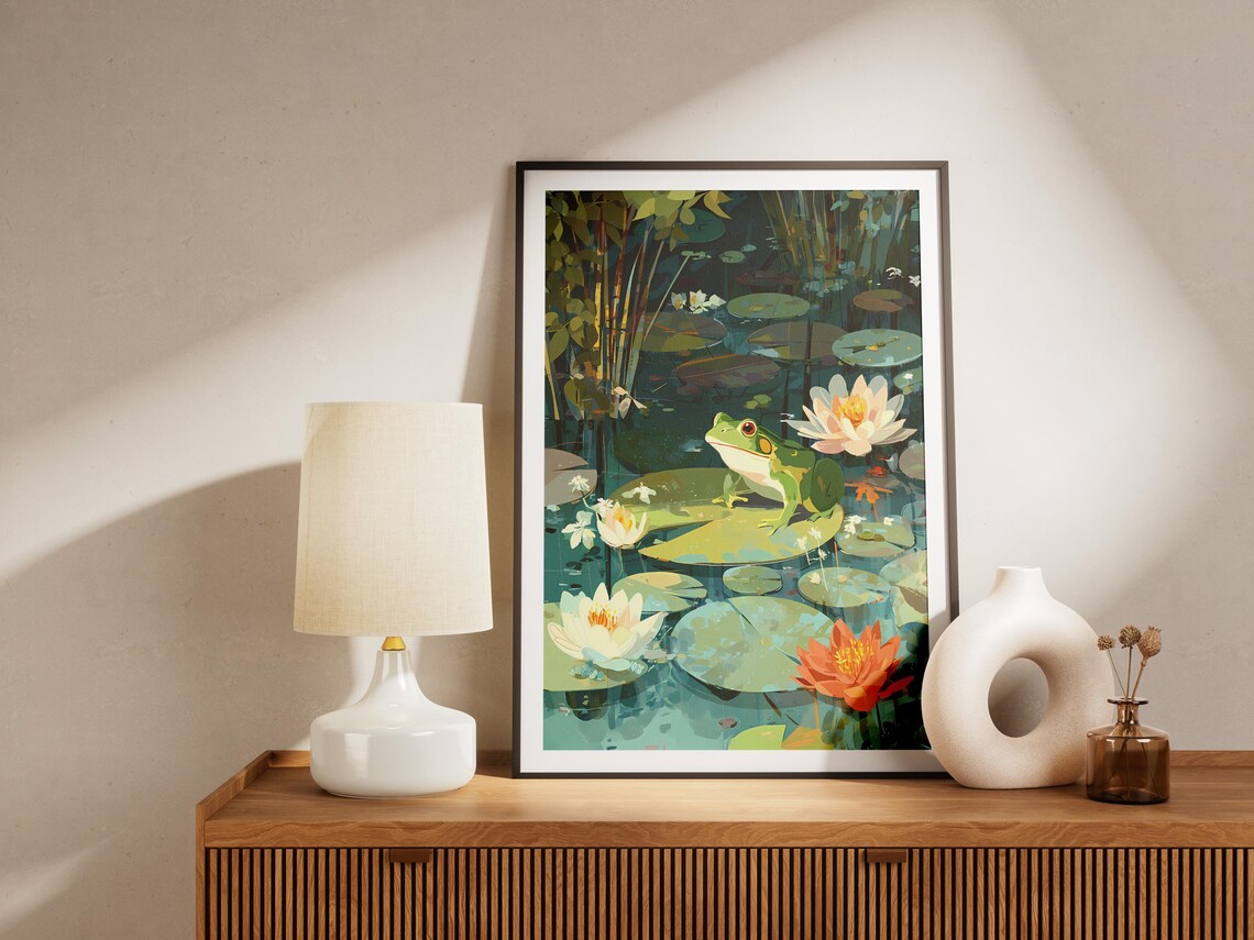 Green Frog on Lily Pad Water Lily Pond Nature Painting Poster - Image 4