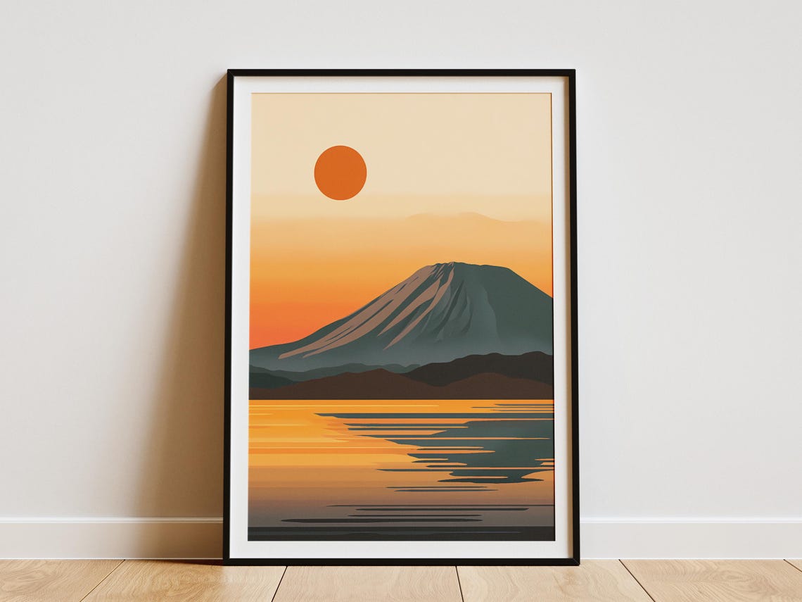 Mount Fuji Japan Sunset with Blazing Orange Sun Over Lake Poster