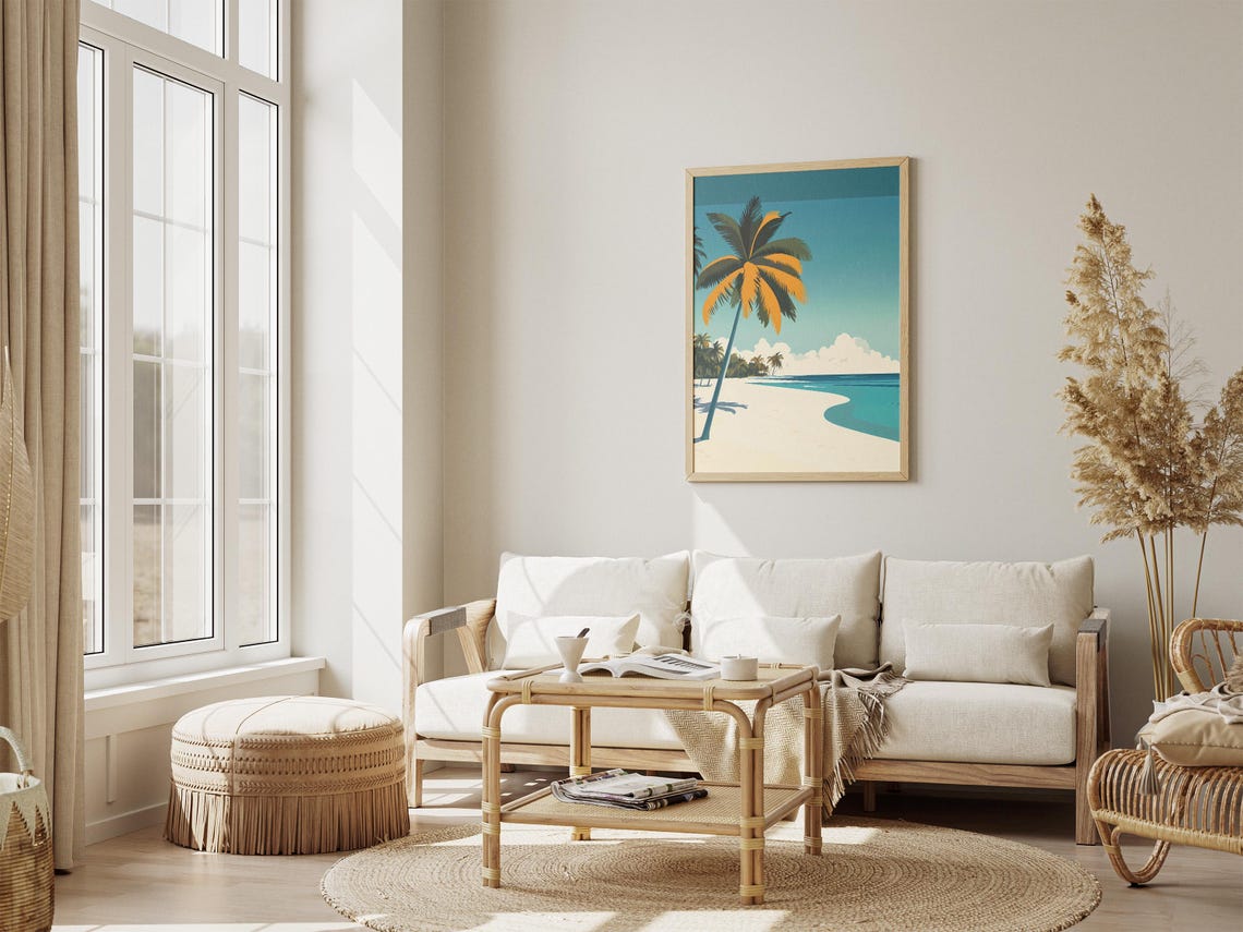 Maldives Tropical Beach with a Single Leaning Palm Tree Art Poster - Image 4