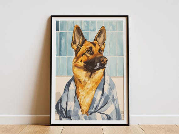 German Shepherd In Bathrobe Print Funny Dog Bathroom Art Canine Wall Decor Quirky Pet Portrait Lover Gift Unique Animal
