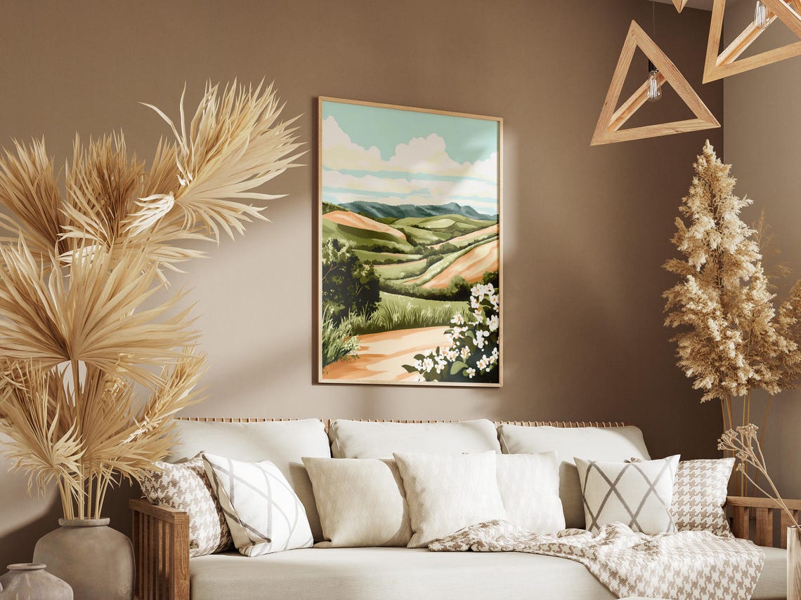 Rolling Tea Plantation Hills With Dirt Road White Blossoms Poster - Image 3