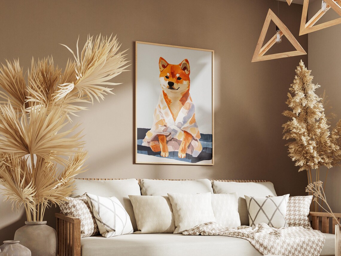 Smiling Shiba Inu Puppy in Soft Watercolor Bathrobe Dog Art Poster - Image 3