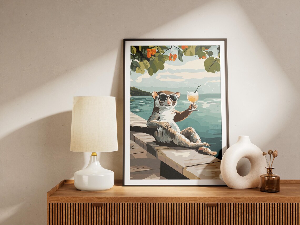 Sugar Glider In Sunglasses Sipping Cocktail On Wooden Dock Poster - Image 5