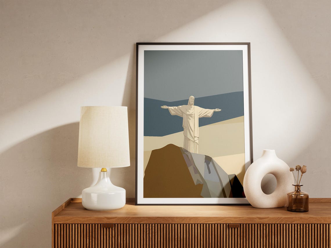 Christ the Redeemer Statue in Minimalist Beige and Blue Poster - Image 5