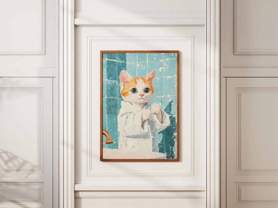 Orange White Kitten in Fluffy White Robe Spa Day Cat Art Poster - Image 2