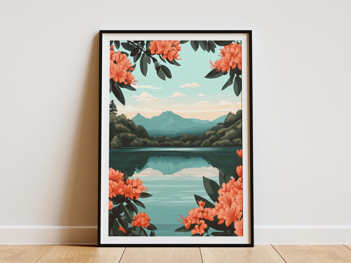 Rhododendron Framed Mountain Lake Coral Blooms Forest View Poster