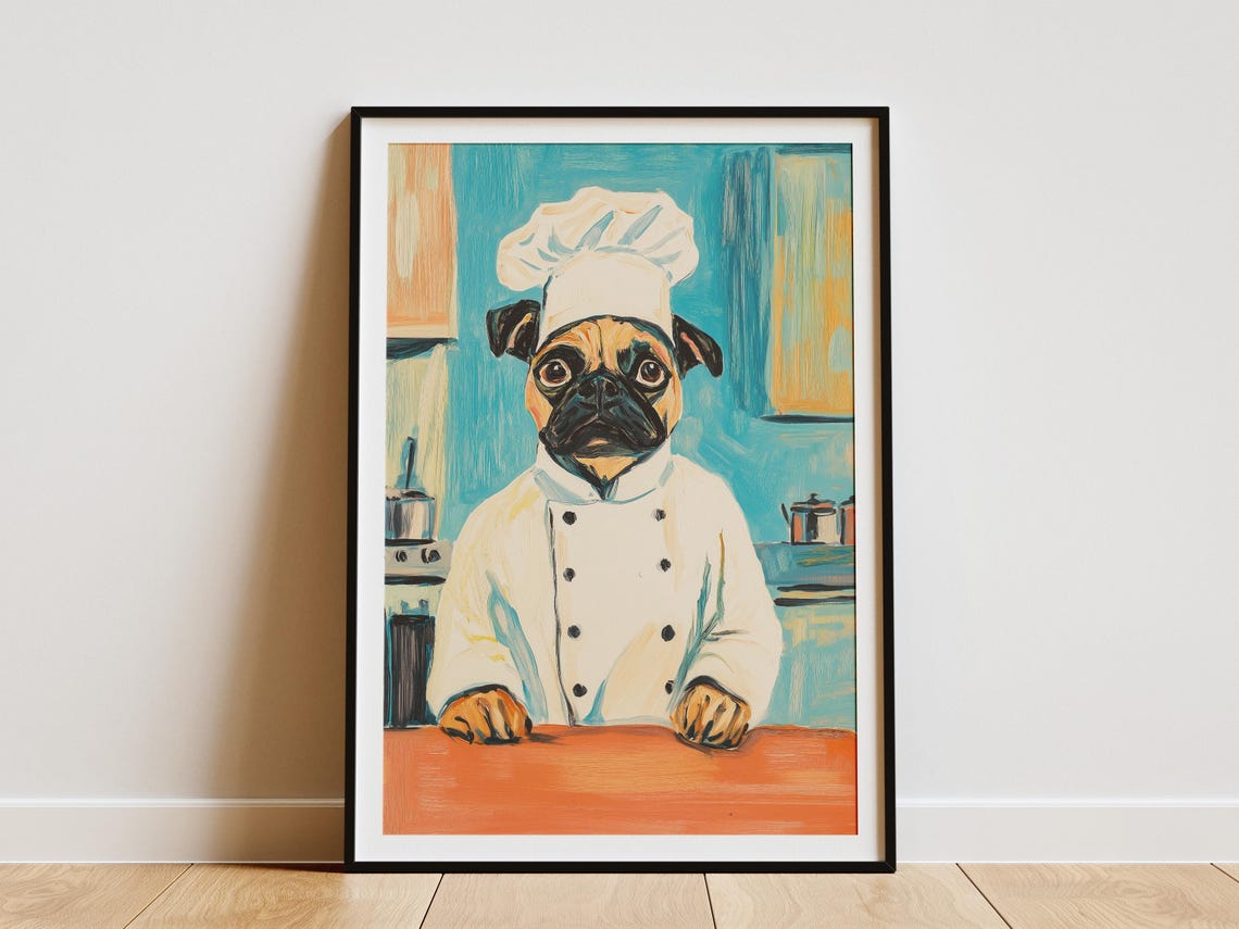 Dog Chef Art Print Kitchen Pug Funny Animal Decor Poster In Uniform Quirky