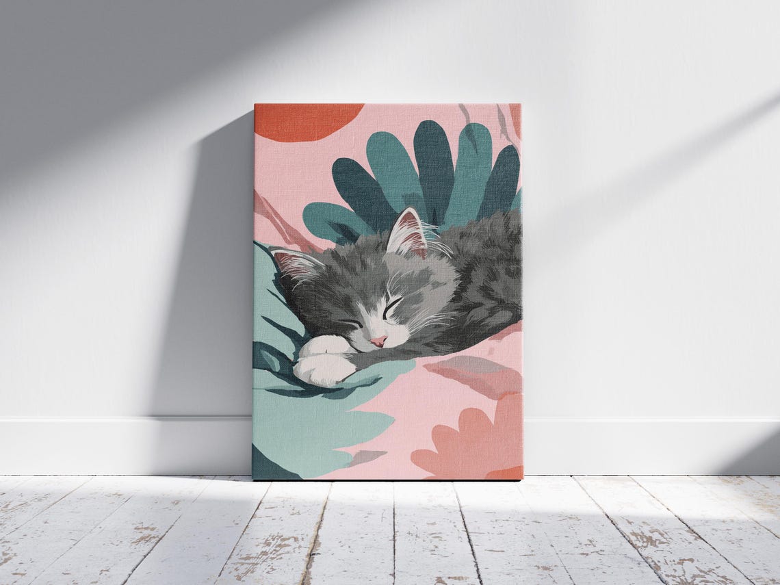 Sleeping Norwegian Forest Kitten Abstract Colorful Cat Art Poster - Image 2
