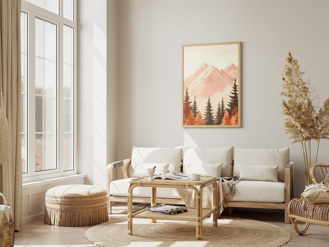 Pastel Pink Mountain Peaks Autumn Pines Minimalist Style Poster - Image 4